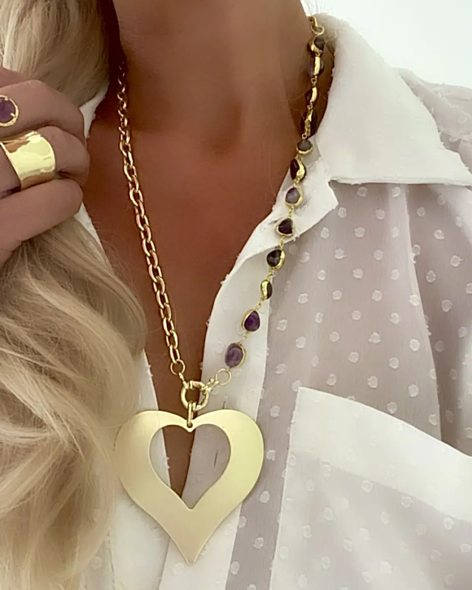 Collar Amatistas Maxi Corazón María eslabones mixtos Gold 1