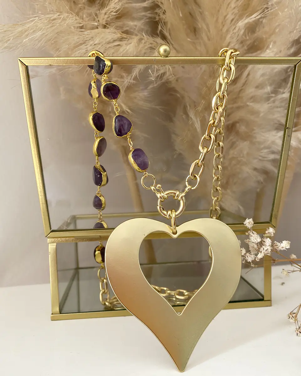 Collar Amatistas Maxi Corazón María eslabones mixtos Gold 4