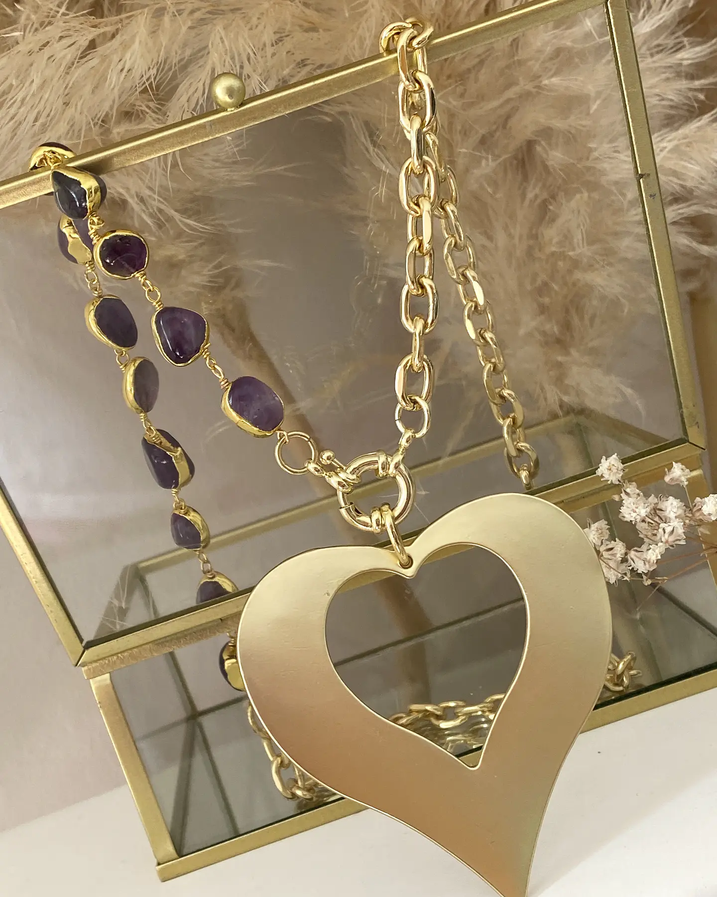 Collar Amatistas Maxi Corazón María eslabones mixtos Gold 2