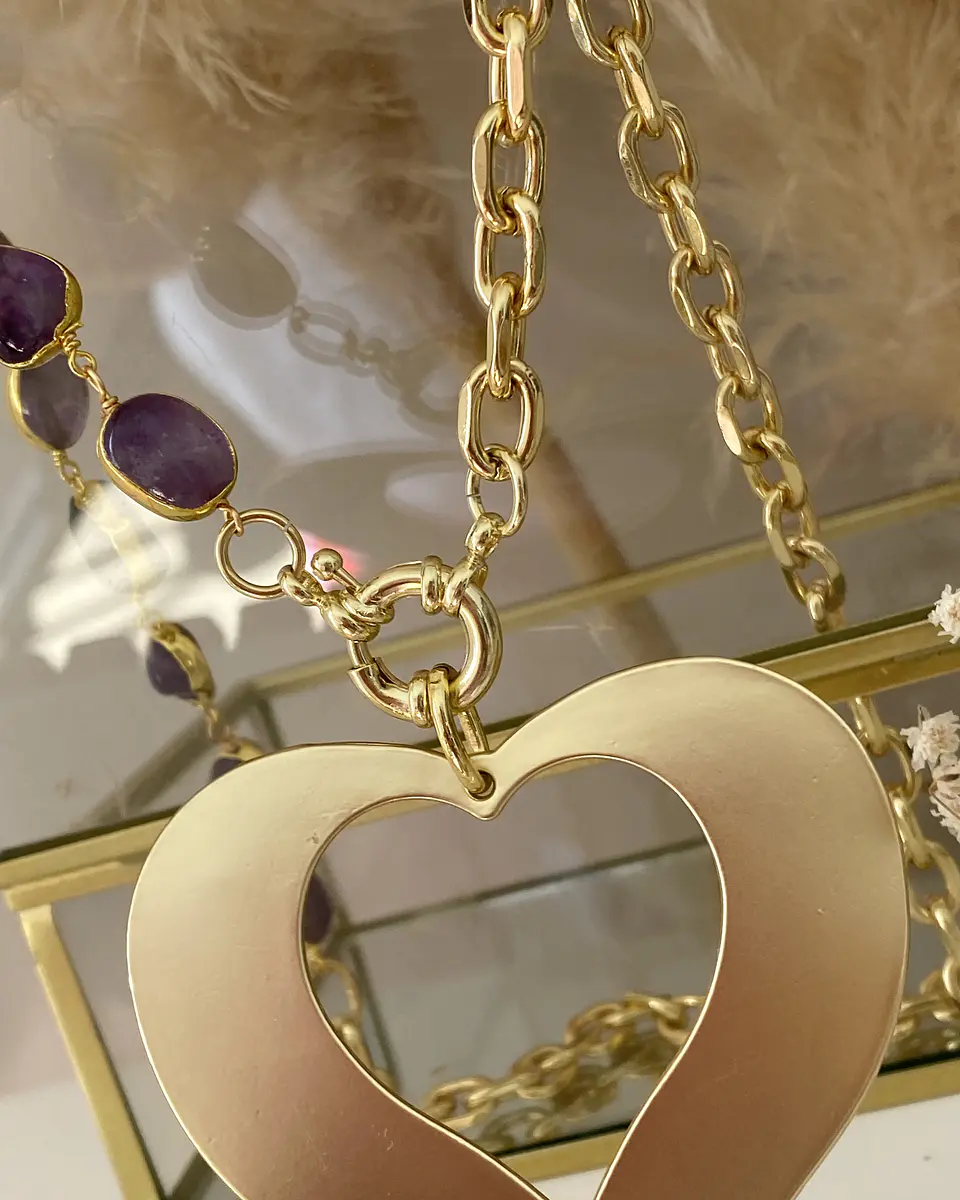 Collar Amatistas Maxi Corazón María eslabones mixtos Gold 3