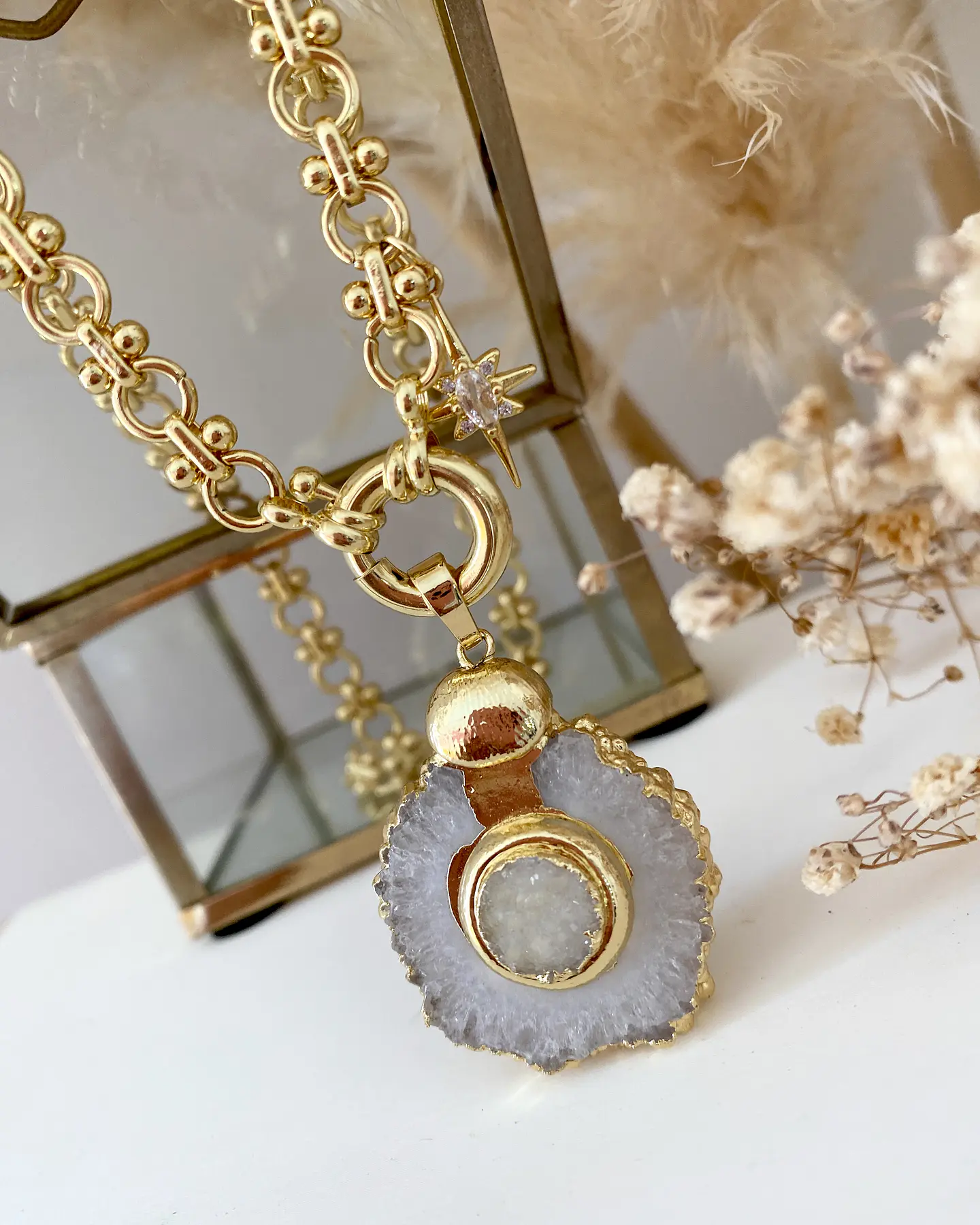Collar Cuarzo Drusa Punto de luz gold 5