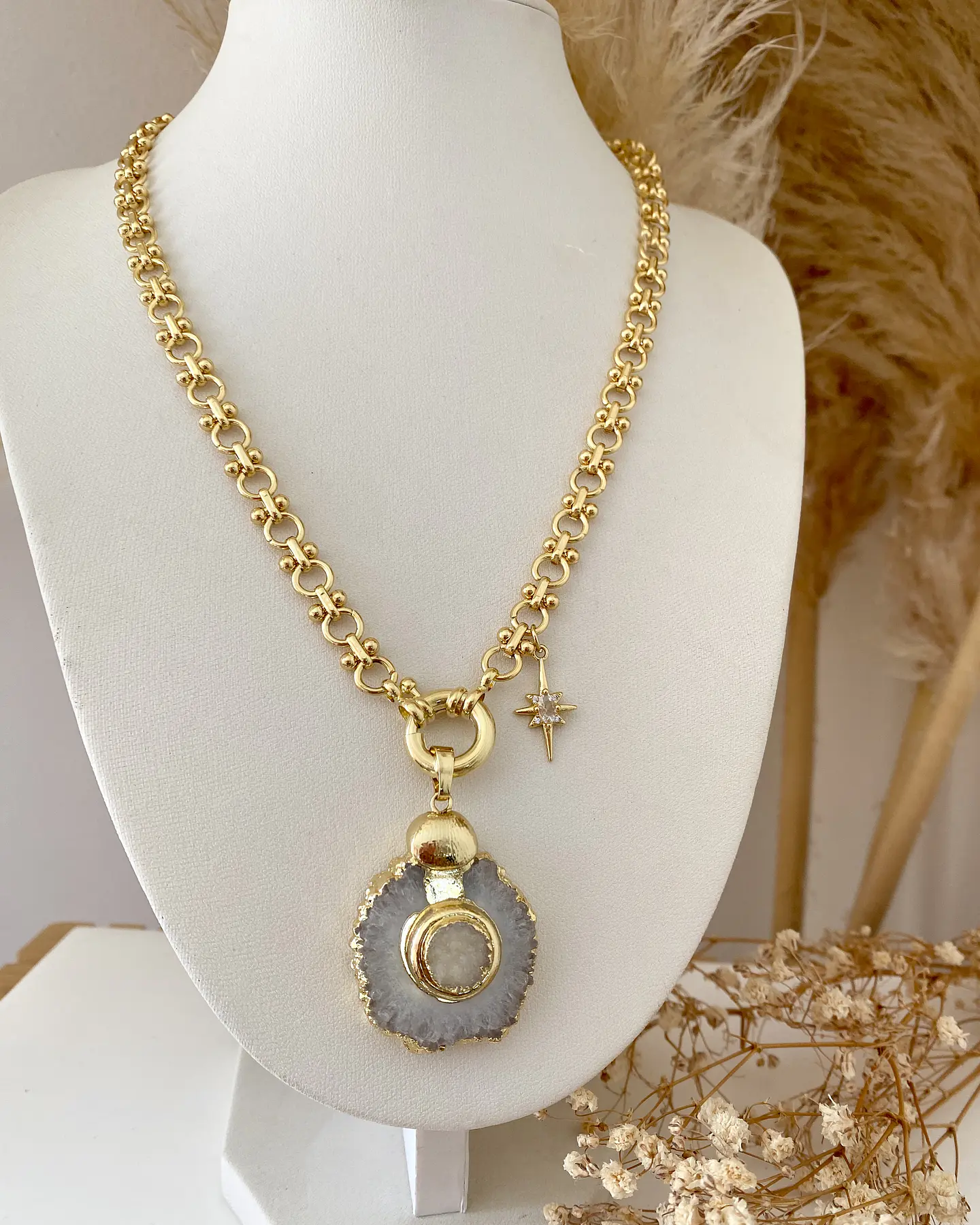 Collar Cuarzo Drusa Punto de luz gold 7