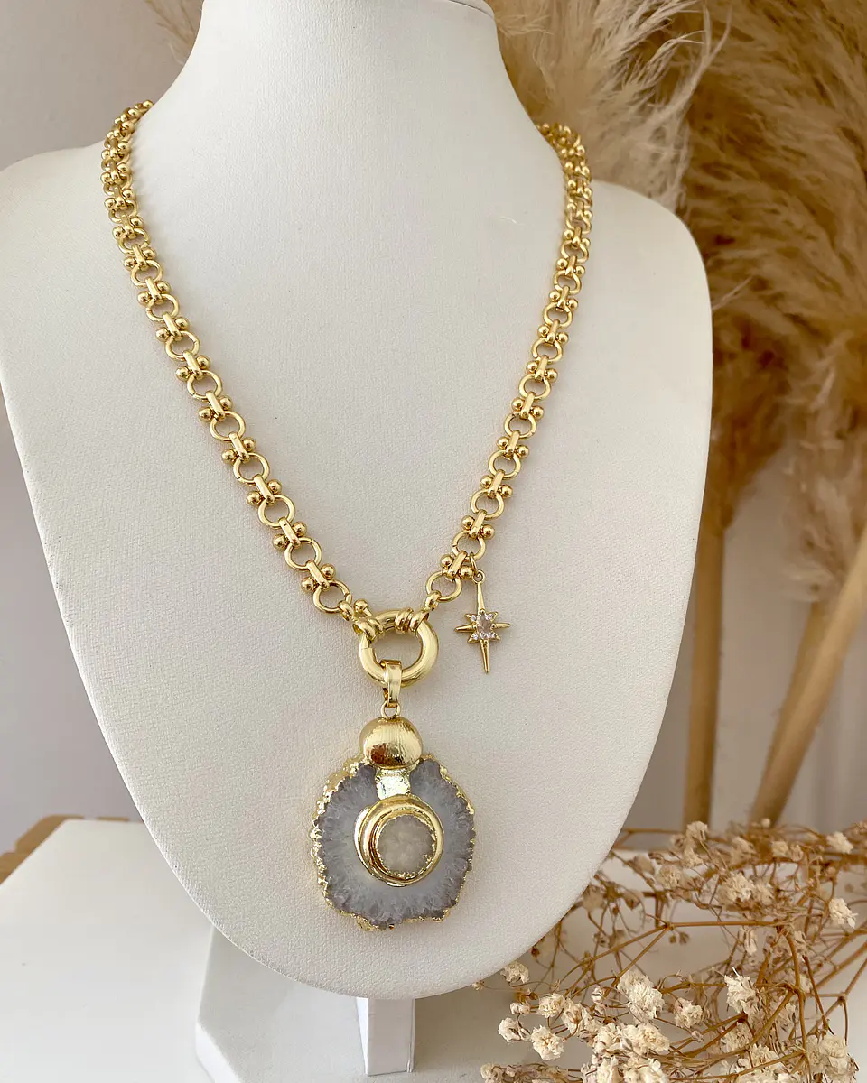 Collar Cuarzo Drusa Punto de luz gold 7
