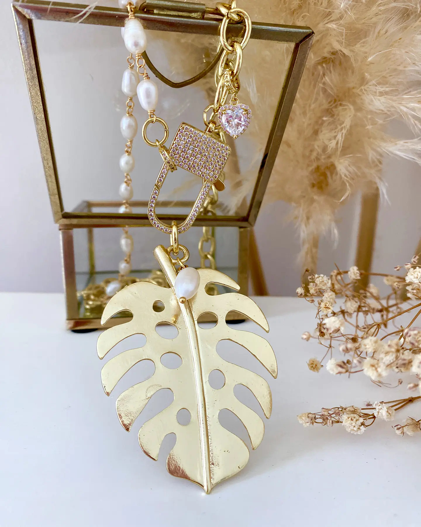 Collar XL Maxi Hoja eslabones mixtos Perlas rio y gold 2