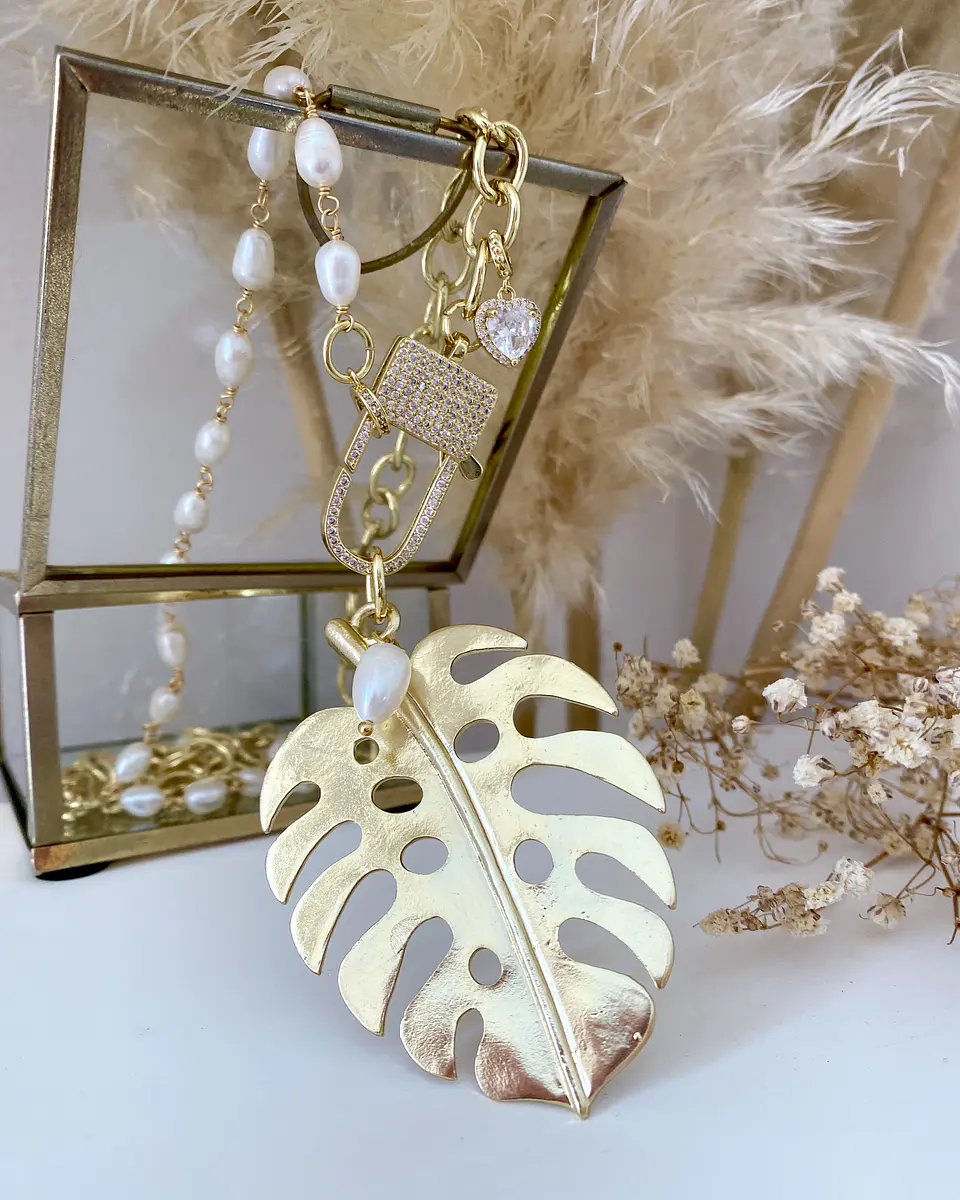 Collar XL Maxi Hoja eslabones mixtos Perlas rio y gold 4