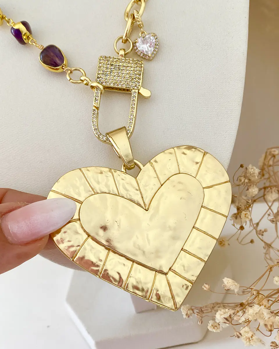 Collar XL Maxi Corazon Macizo Amatistas Gold 3