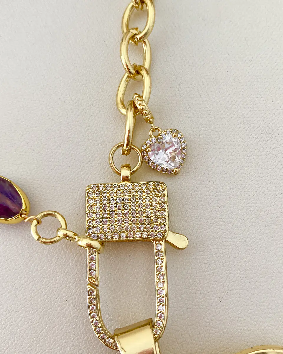 Collar XL Maxi Corazon Macizo Amatistas Gold 7