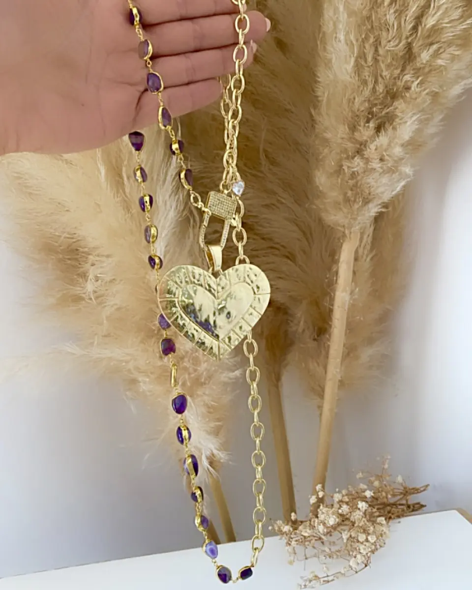 Collar XL Maxi Corazon Macizo Amatistas Gold 8