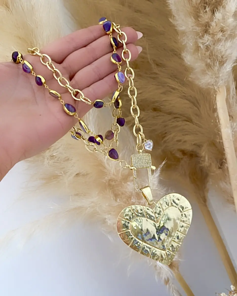 Collar XL Maxi Corazon Macizo Amatistas Gold 1