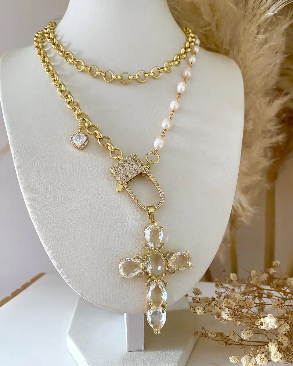 Collar XL Maxi Cruz Cristales eslabones mixtos y Perlas de río  11