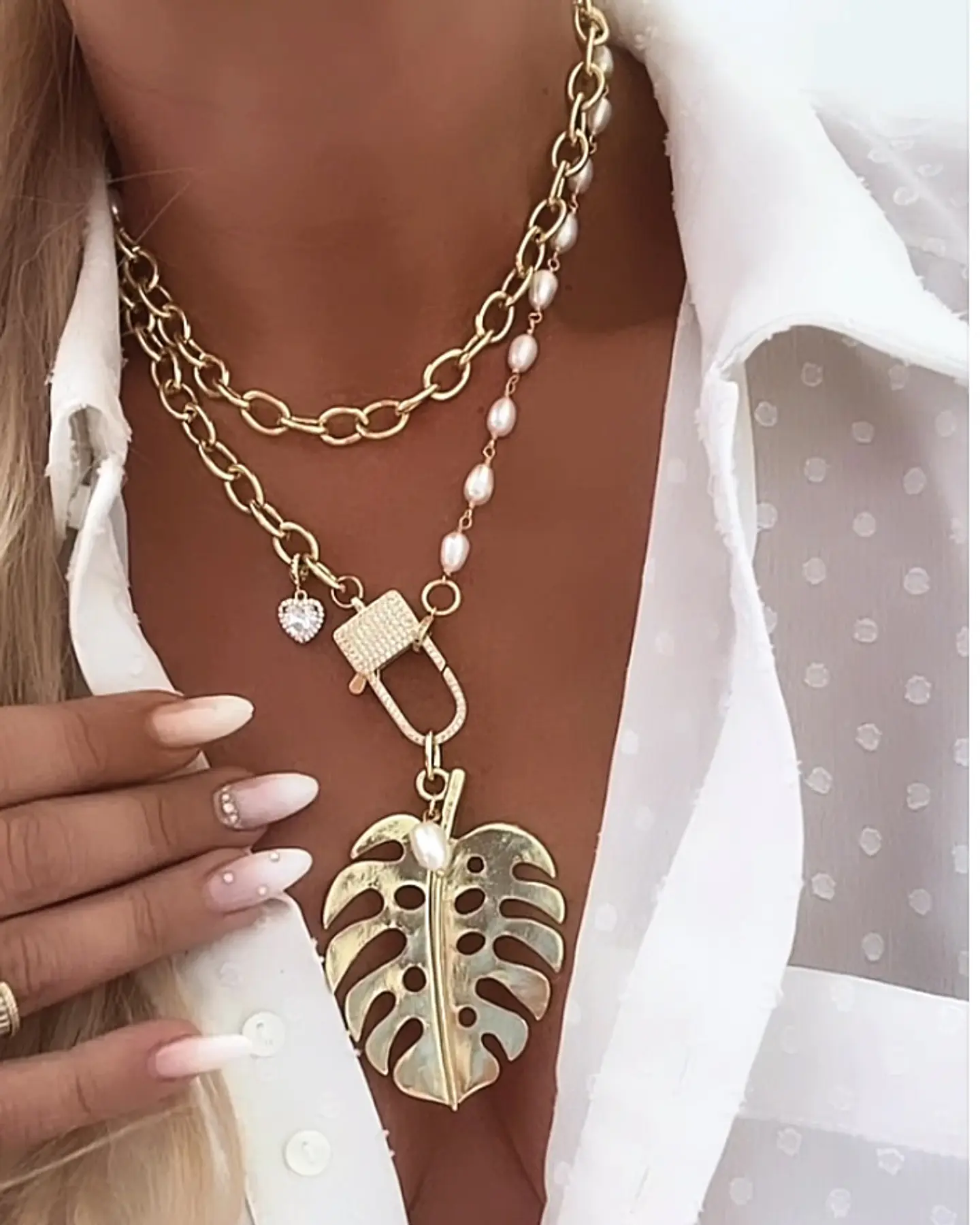 Collar XL Maxi Hoja eslabones mixtos Perlas rio y gold 1