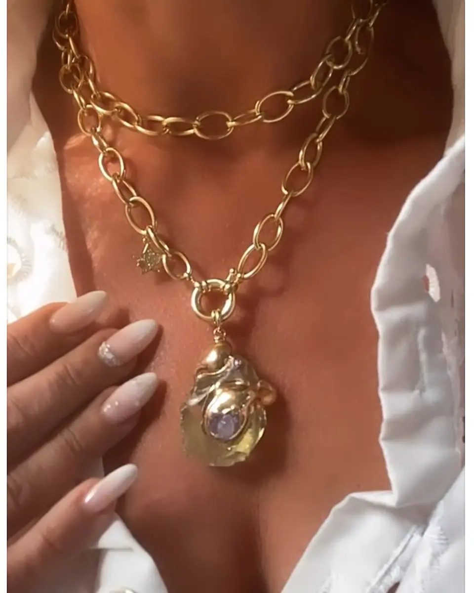 Collar XL Piedra Citrino maxi eslabones punto de luz gold  1