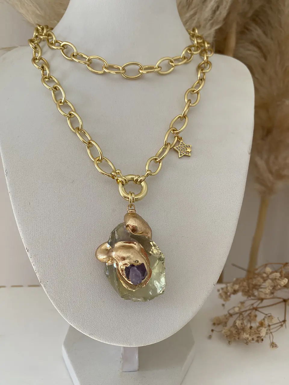 Collar XL Piedra Citrino maxi eslabones punto de luz gold  3
