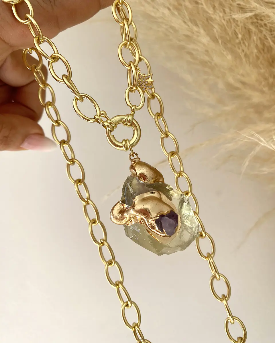 Collar XL Piedra Citrino maxi eslabones punto de luz gold  2