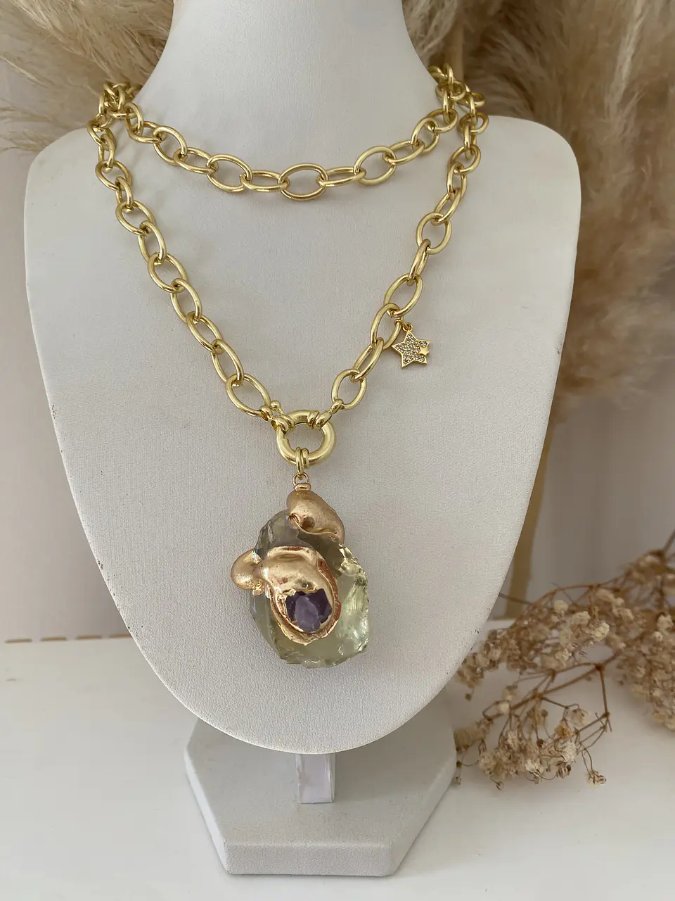 Collar XL Piedra Citrino maxi eslabones punto de luz gold  4