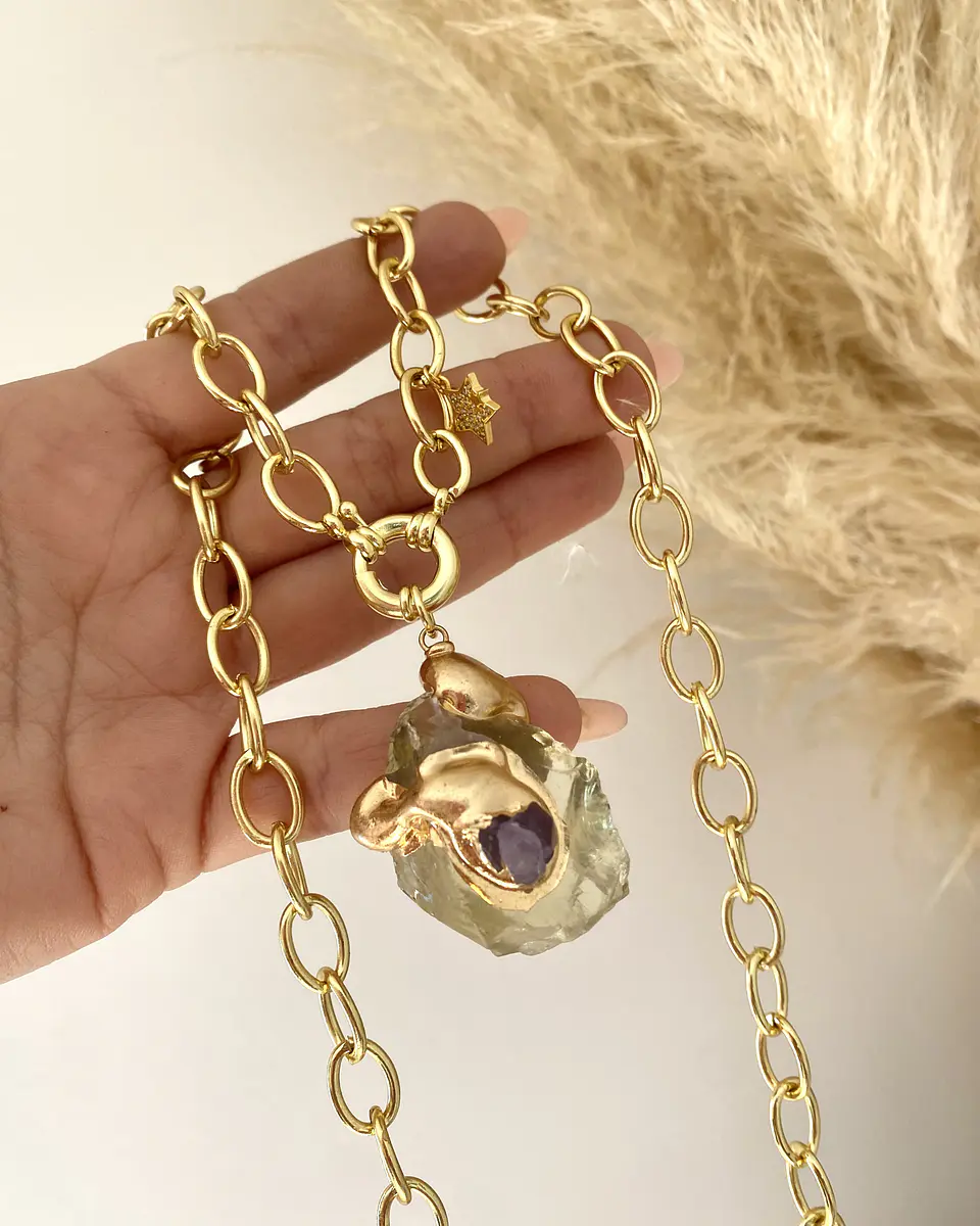 Collar XL Piedra Citrino maxi eslabones punto de luz gold  5