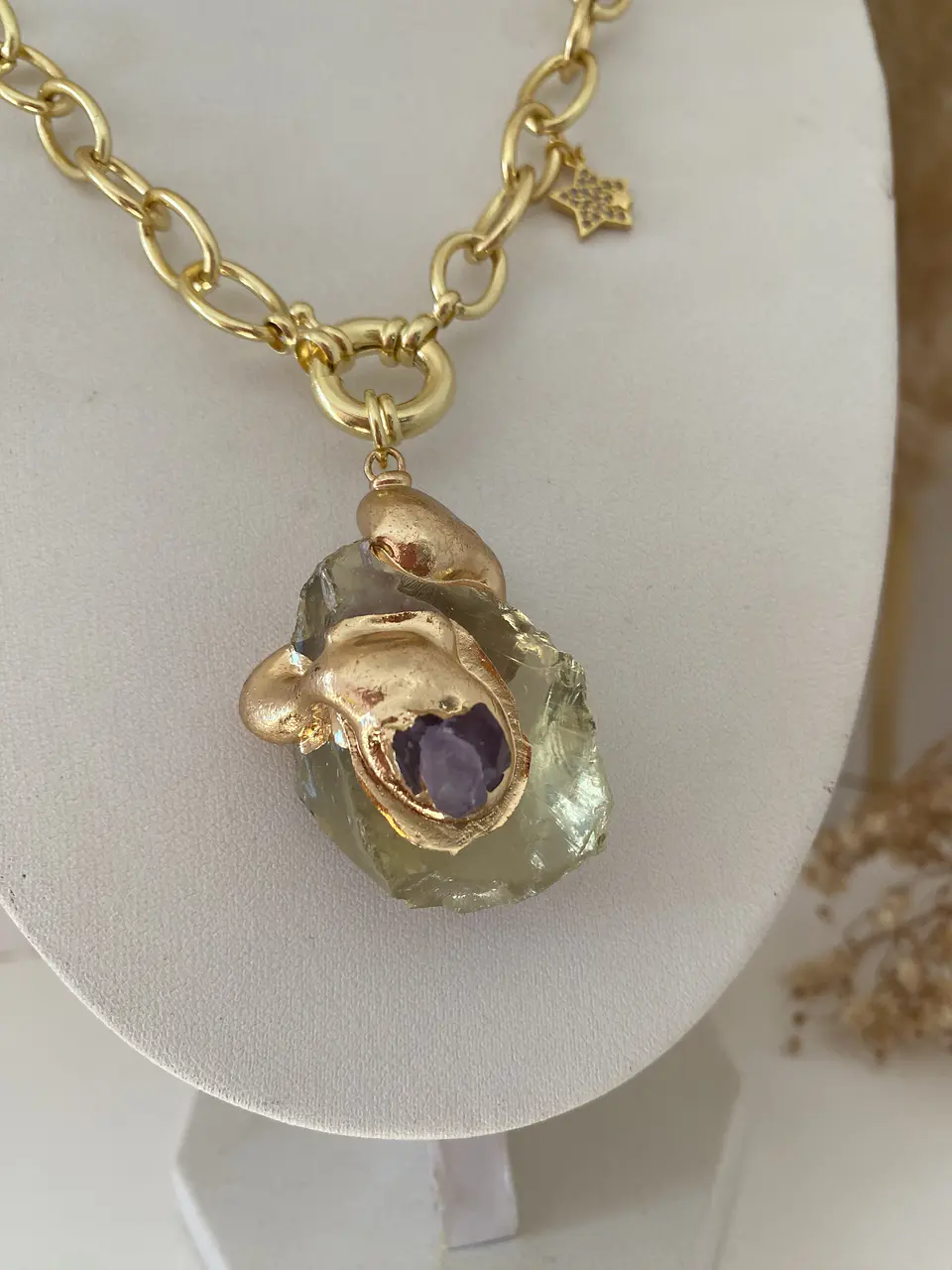 Collar XL Piedra Citrino maxi eslabones punto de luz gold  7