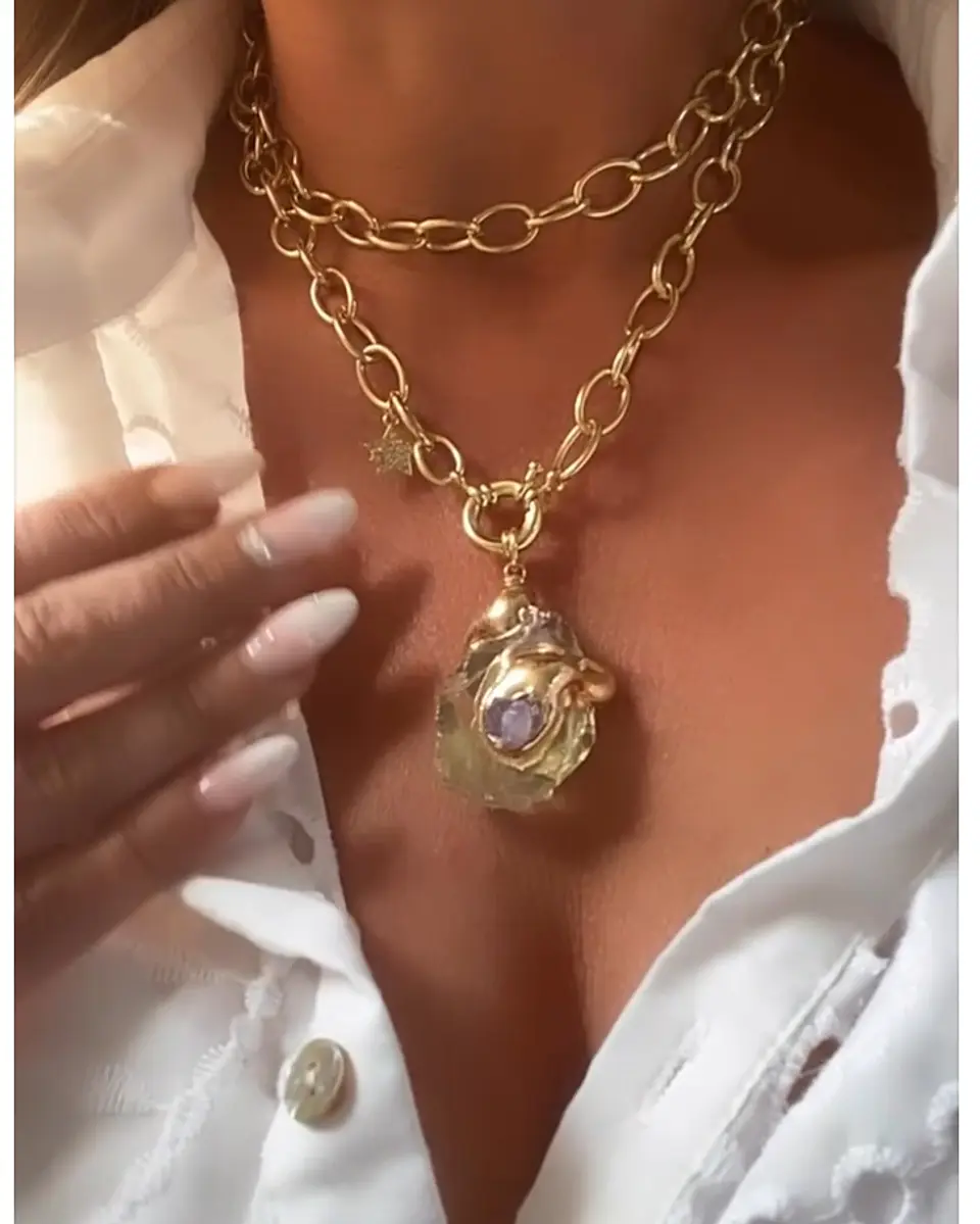 Collar XL Piedra Citrino maxi eslabones punto de luz gold  8