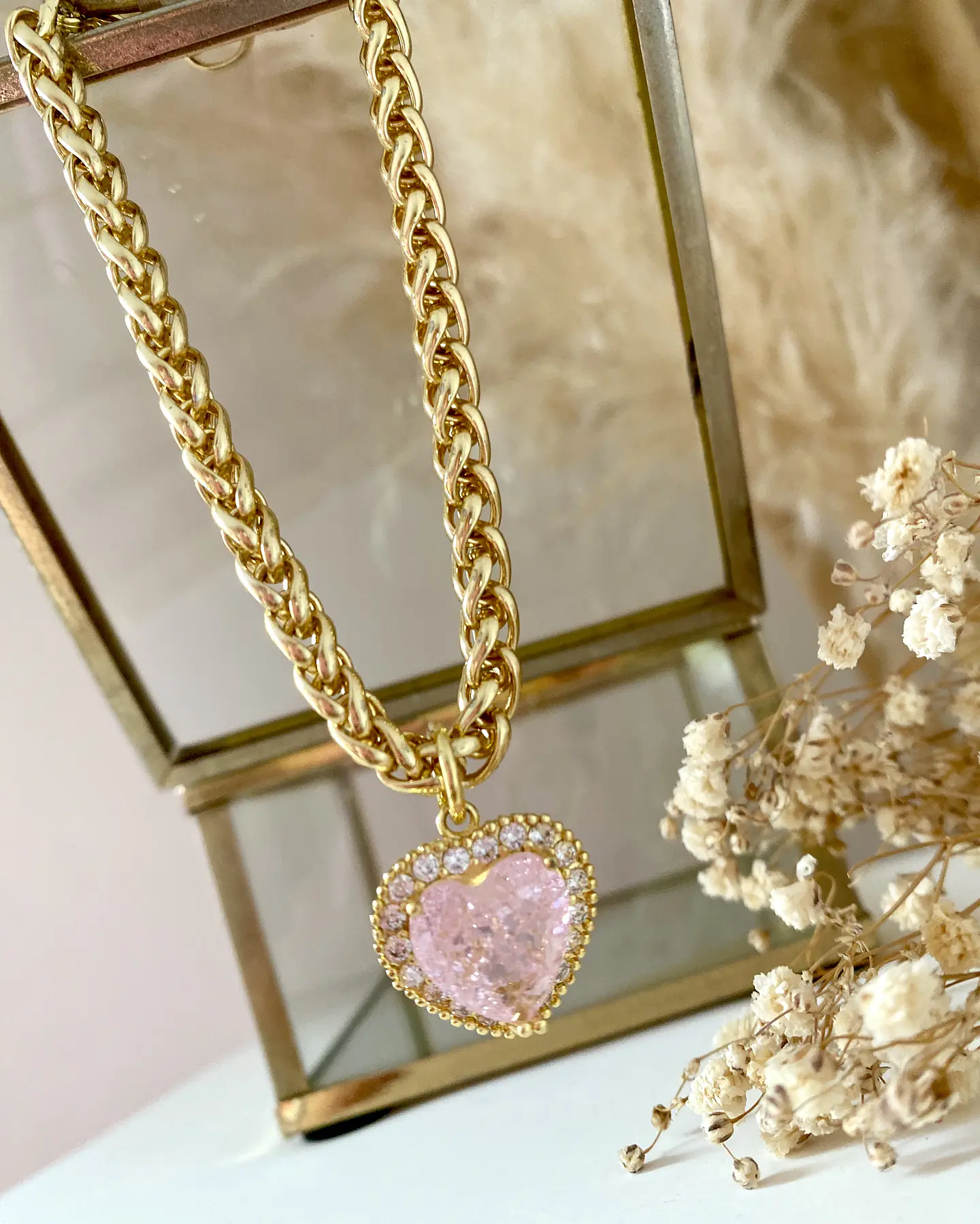 Pulsera Corazón Cristal Rosa y Circones engastados gold 2