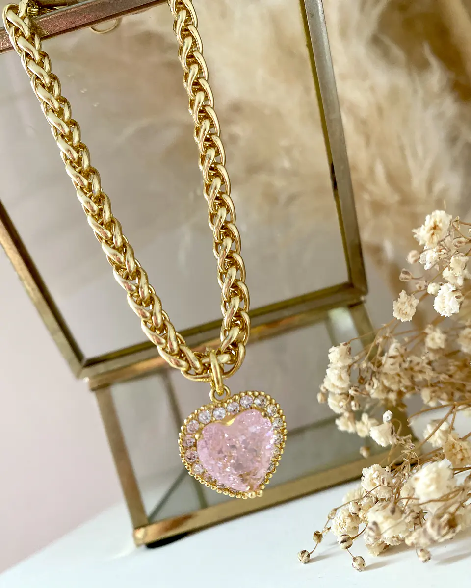 Pulsera Corazón Cristal Rosa y Circones engastados gold 2