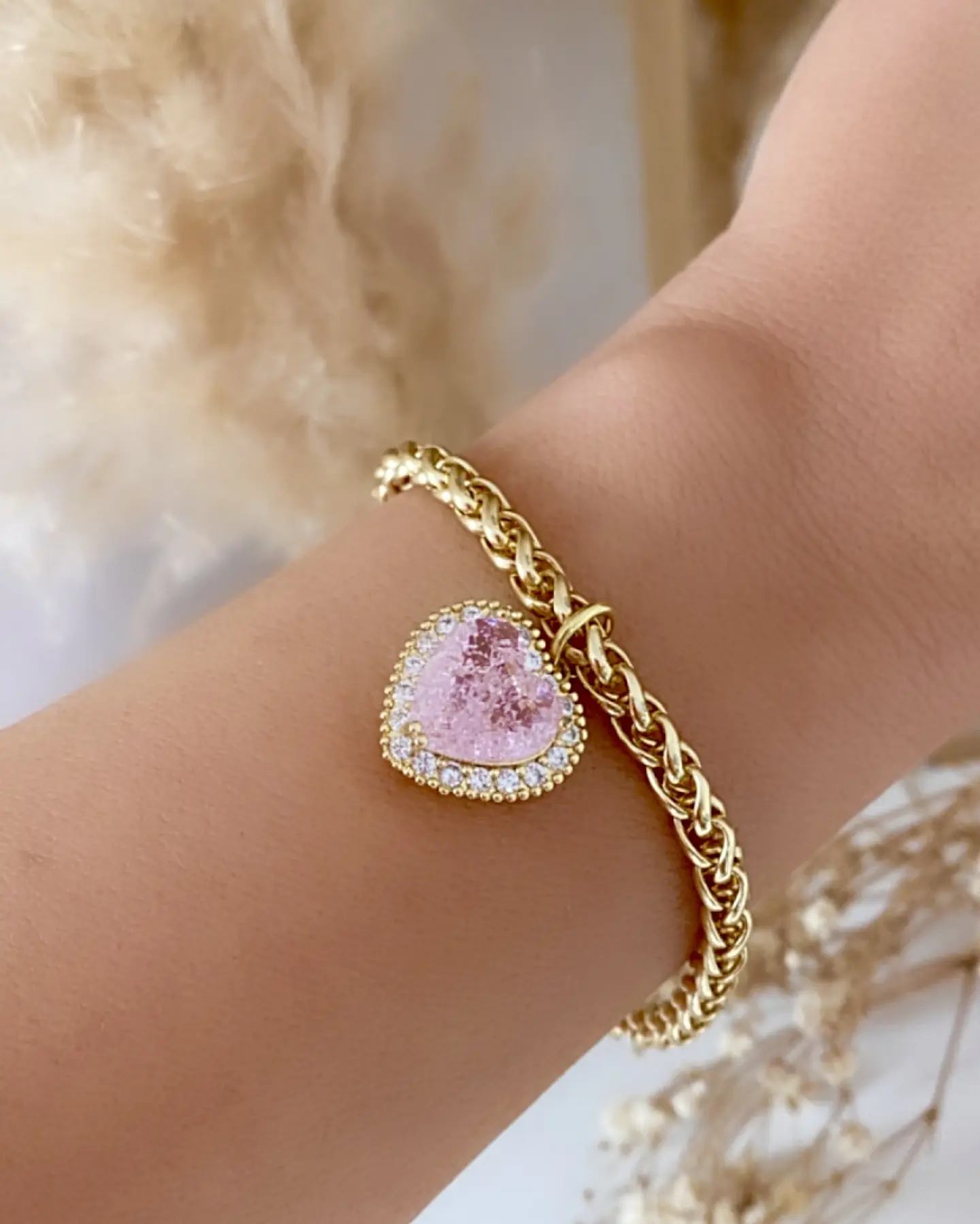 Pulsera Corazón Cristal Rosa y Circones engastados gold 3