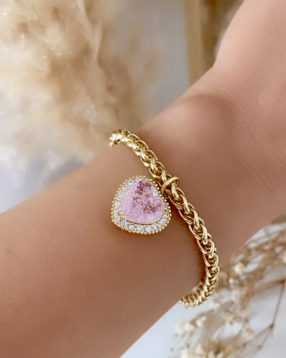 Pulsera Corazón Cristal Rosa y Circones engastados gold 3