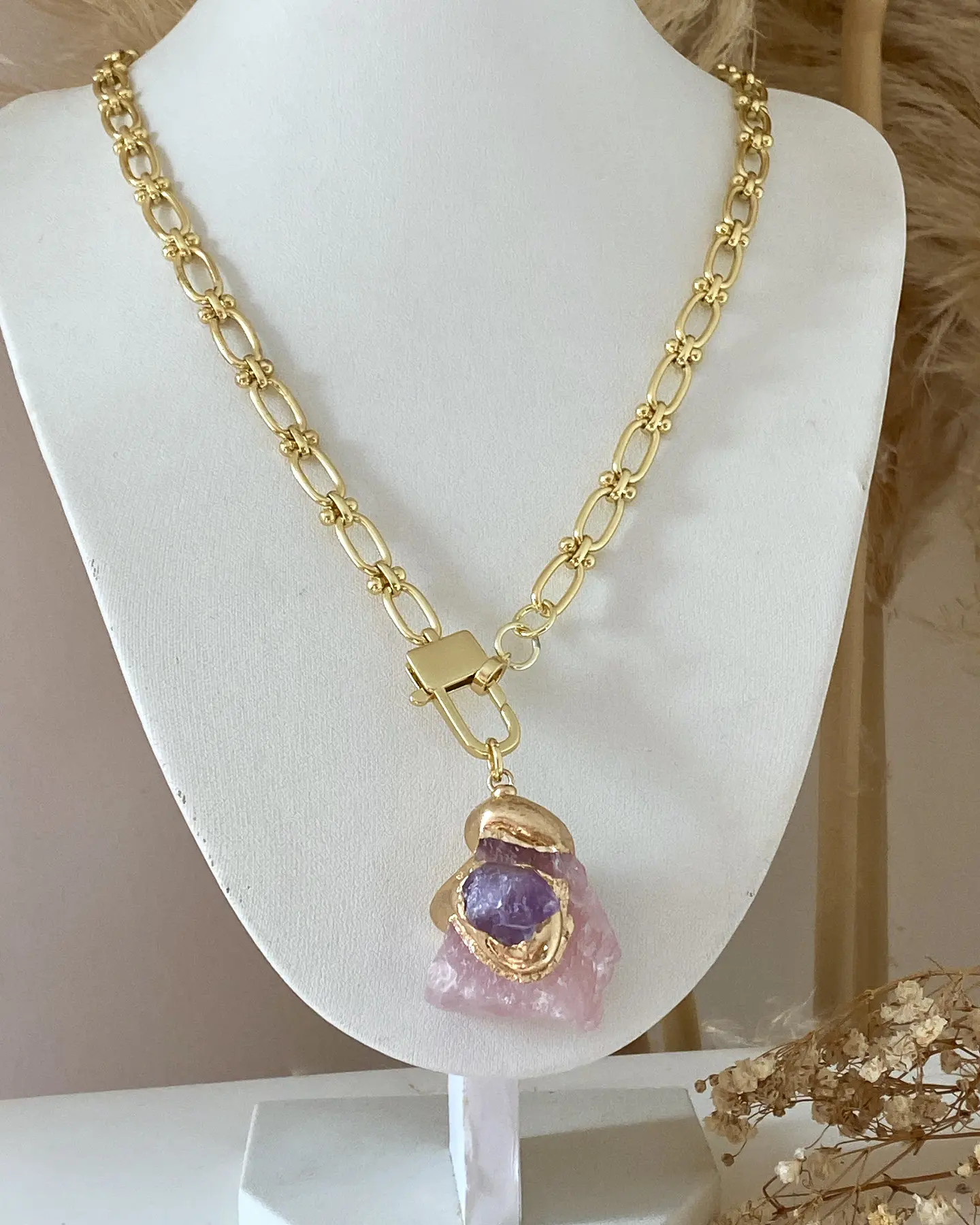 Collar Cuarzo Rosa con Amatista Eslabones mixtos Gold 2