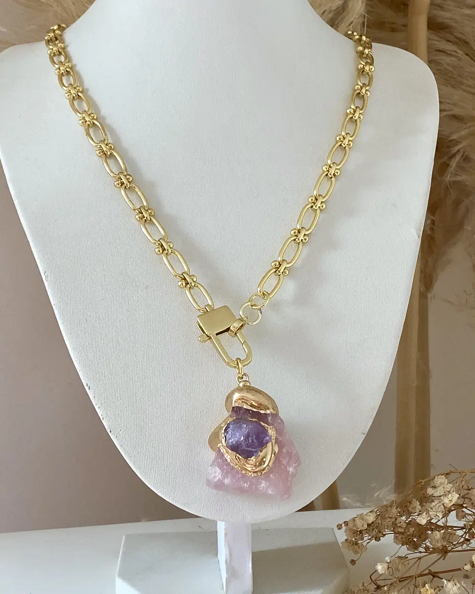 Collar Cuarzo Rosa con Amatista Eslabones mixtos Gold 2
