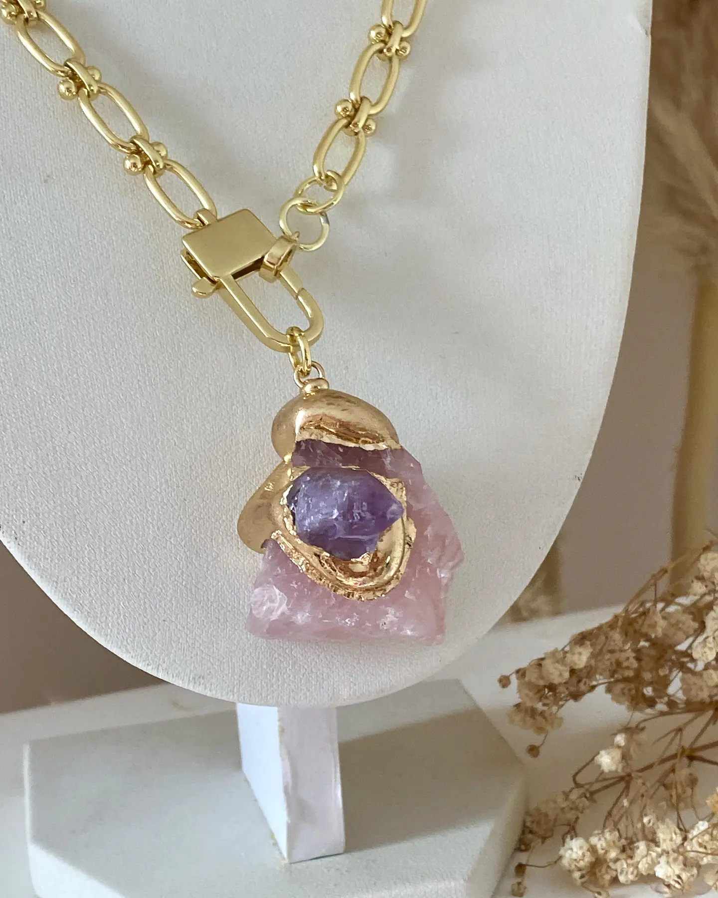 Collar Cuarzo Rosa con Amatista Eslabones mixtos Gold 6