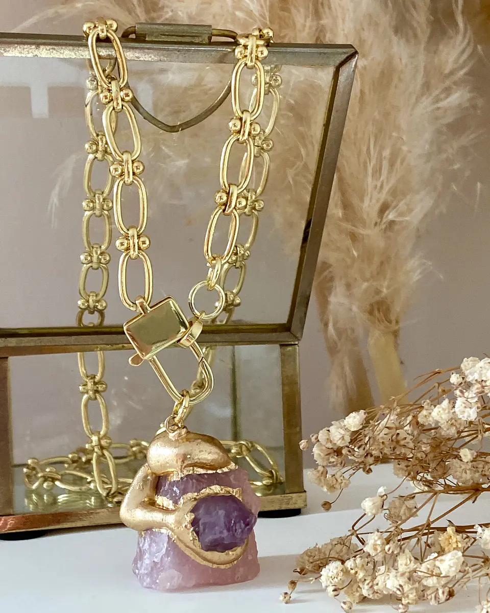 Collar Cuarzo Rosa con Amatista Eslabones mixtos Gold 5