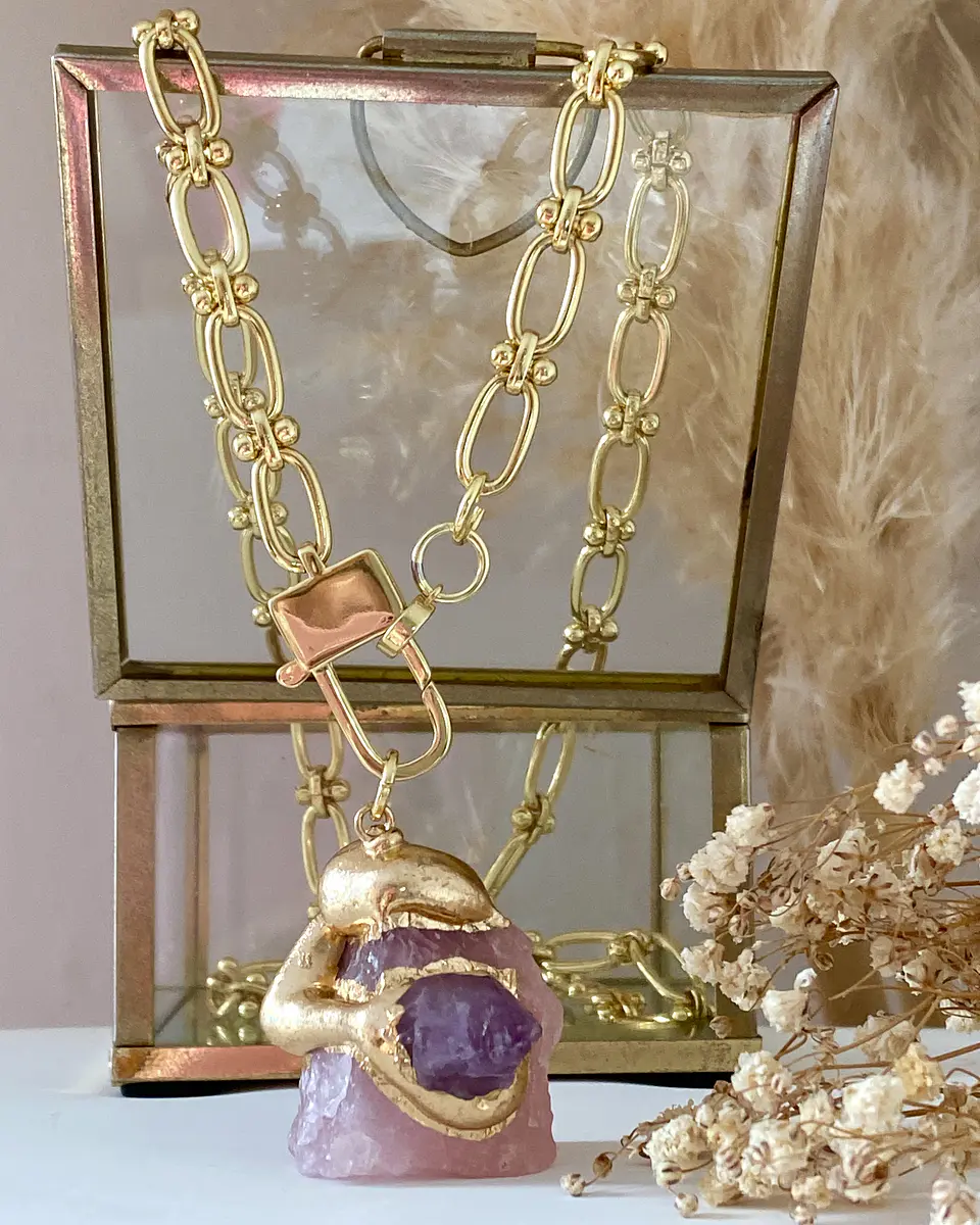 Collar Cuarzo Rosa con Amatista Eslabones mixtos Gold 3