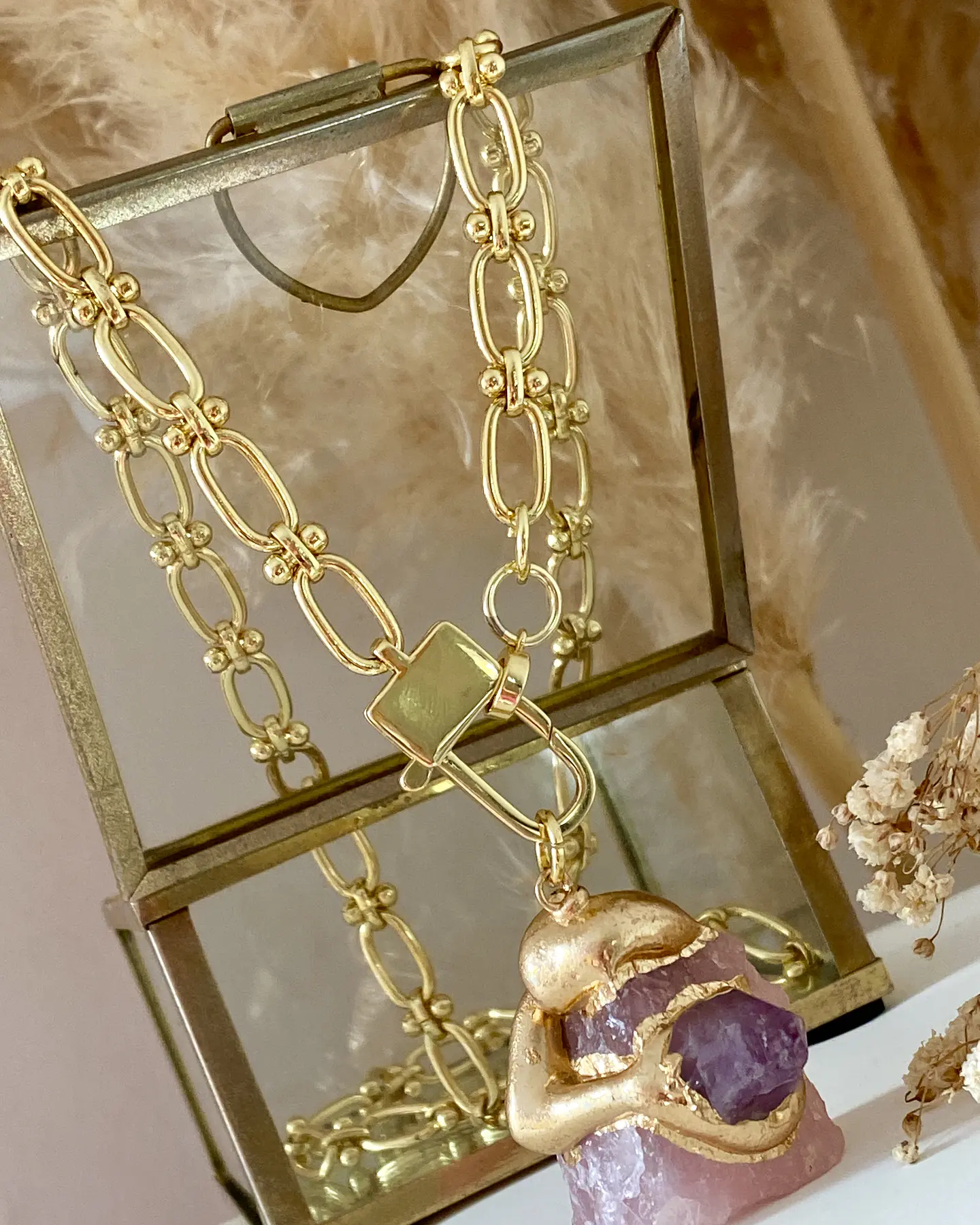 Collar Cuarzo Rosa con Amatista Eslabones mixtos Gold 1
