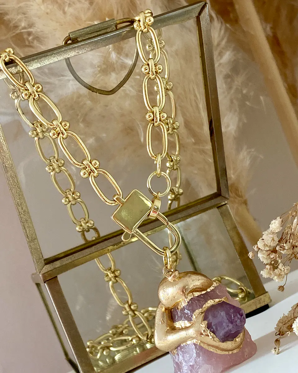 Collar Cuarzo Rosa con Amatista Eslabones mixtos Gold 1