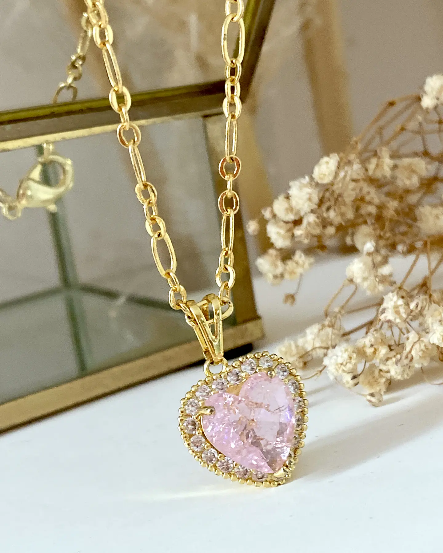 Collar Corazón Cristal Rosa Cadena Delgada Mixta   3