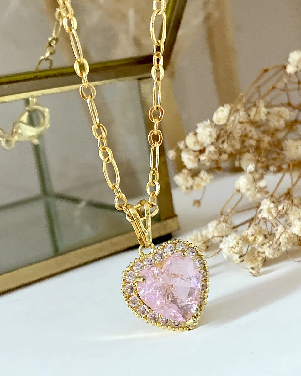 Collar Corazón Cristal Rosa Cadena Delgada Mixta   3