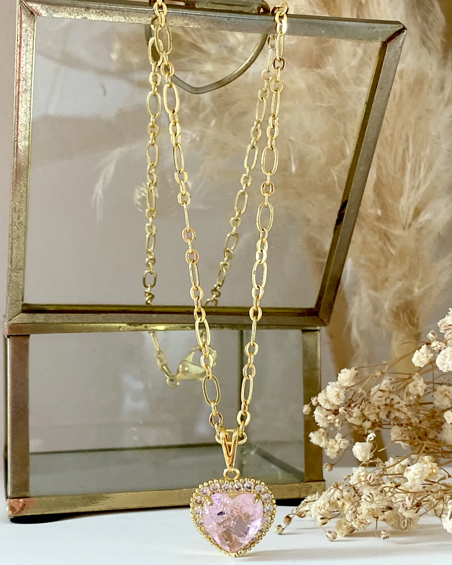 Collar Corazón Cristal Rosa Cadena Delgada Mixta   5