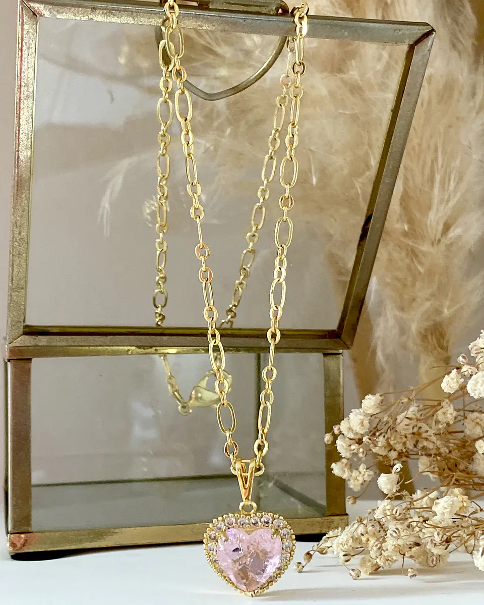 Collar Corazón Cristal Rosa Cadena Delgada Mixta   5