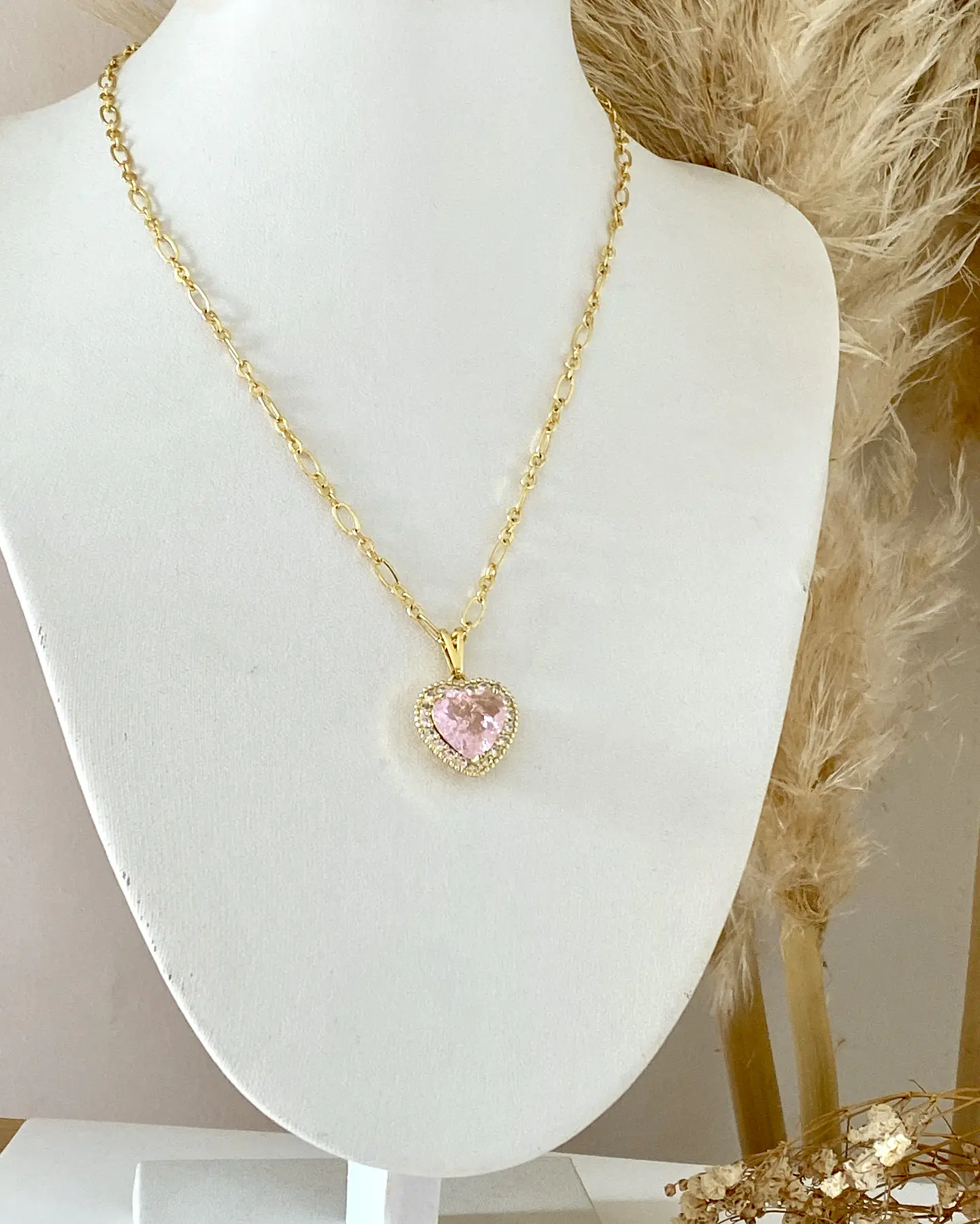 Collar Corazón Cristal Rosa Cadena Delgada Mixta   4