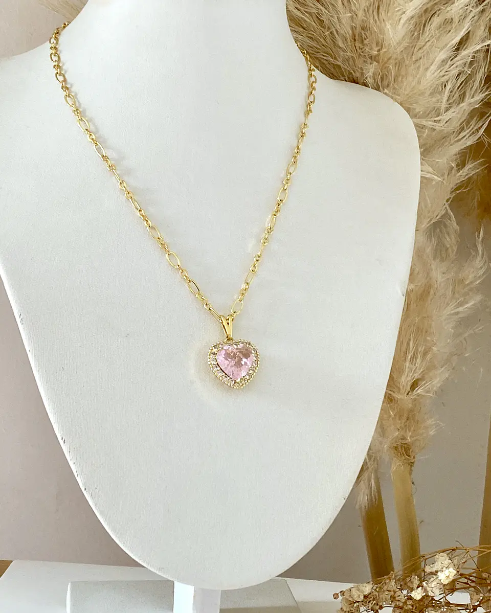 Collar Corazón Cristal Rosa Cadena Delgada Mixta   4