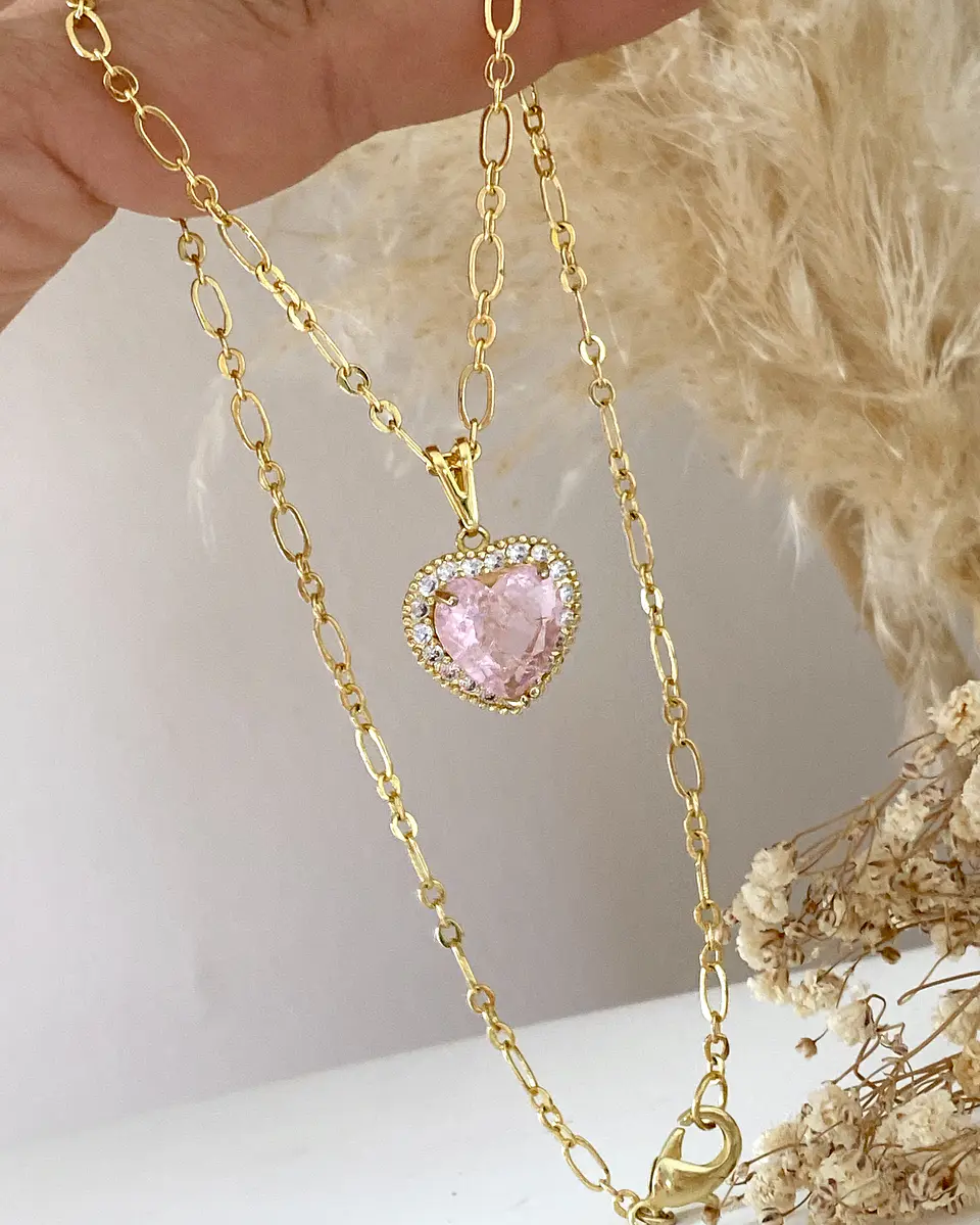 Collar Corazón Cristal Rosa Cadena Delgada Mixta   2