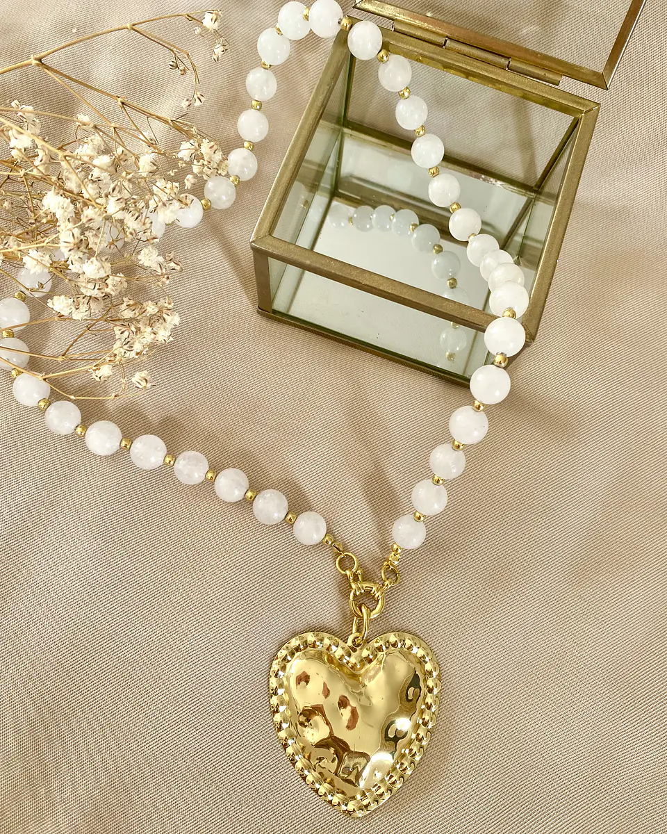 Collar Maxi Corazón Martillado Cuarzo Cristal Gold 2