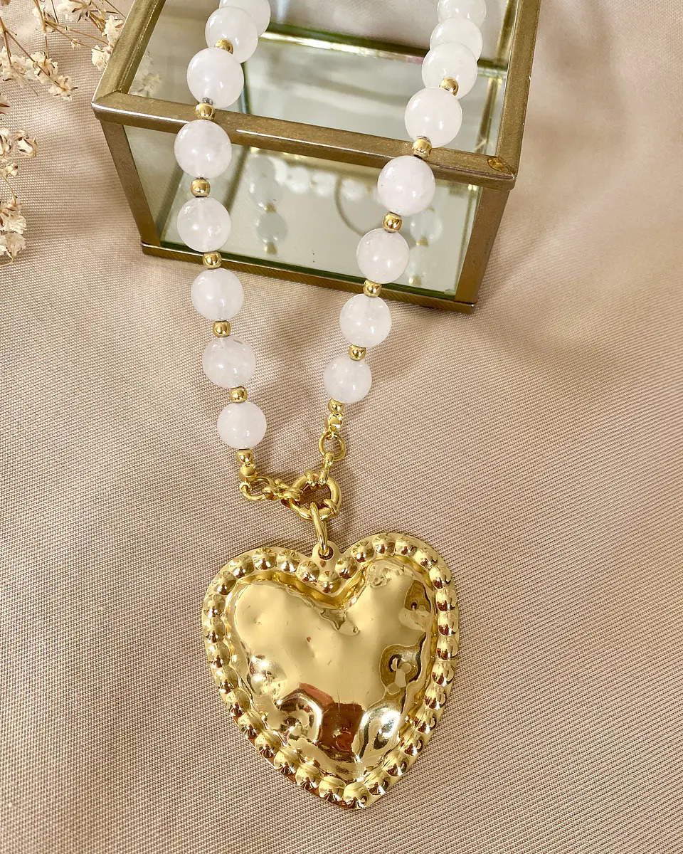 Collar Maxi Corazón Martillado Cuarzo Cristal Gold 4