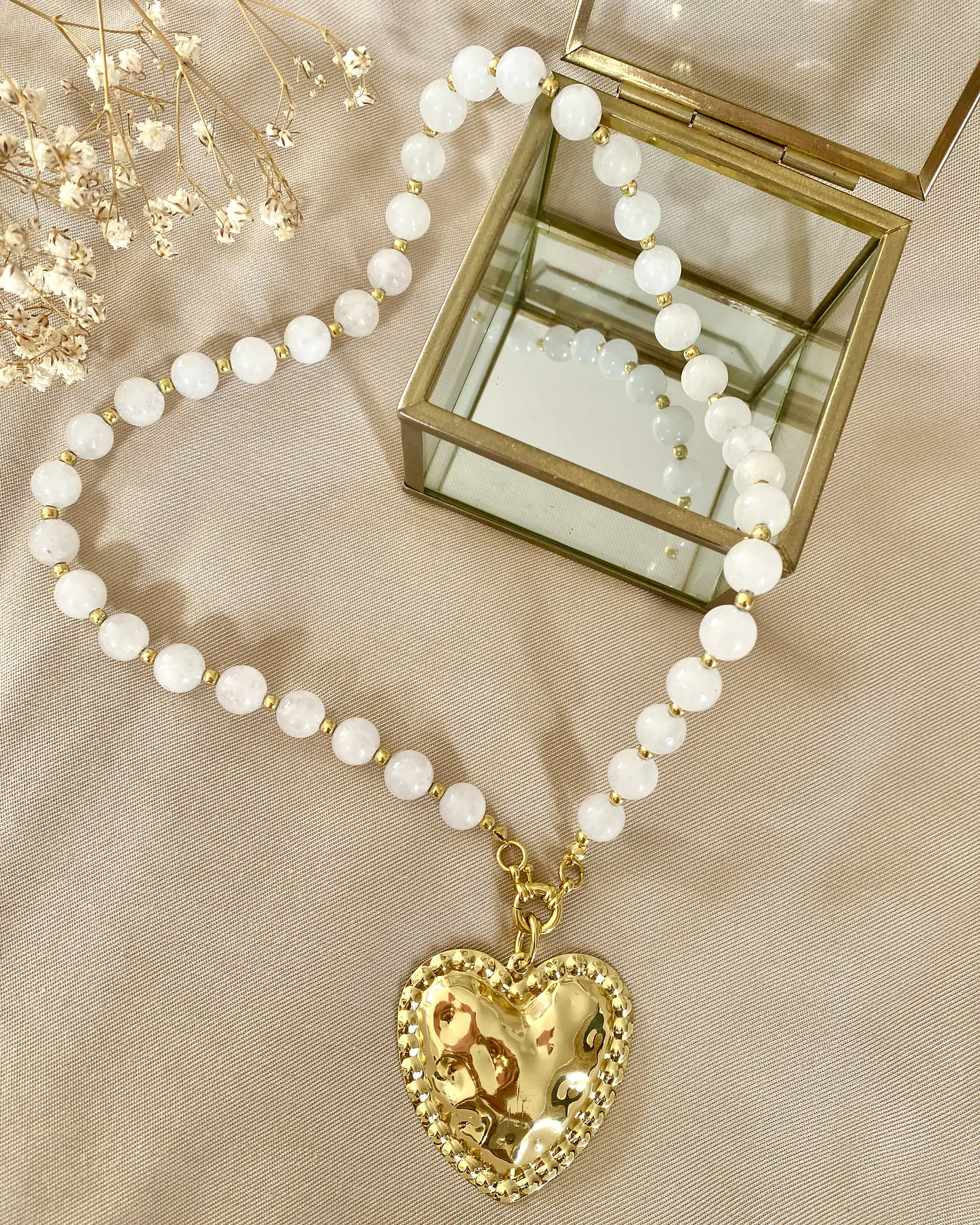 Collar Maxi Corazón Martillado Cuarzo Cristal Gold 7