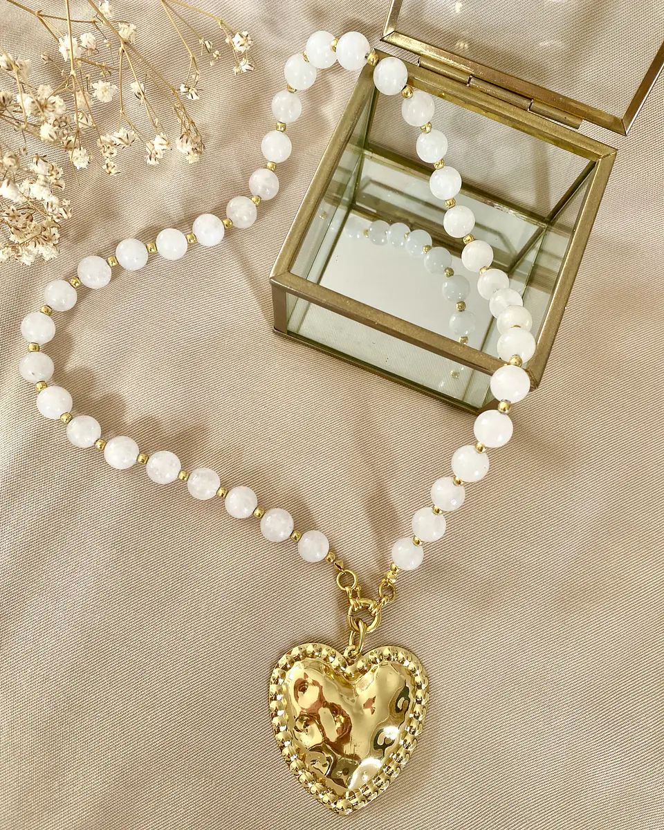 Collar Maxi Corazón Martillado Cuarzo Cristal Gold 7