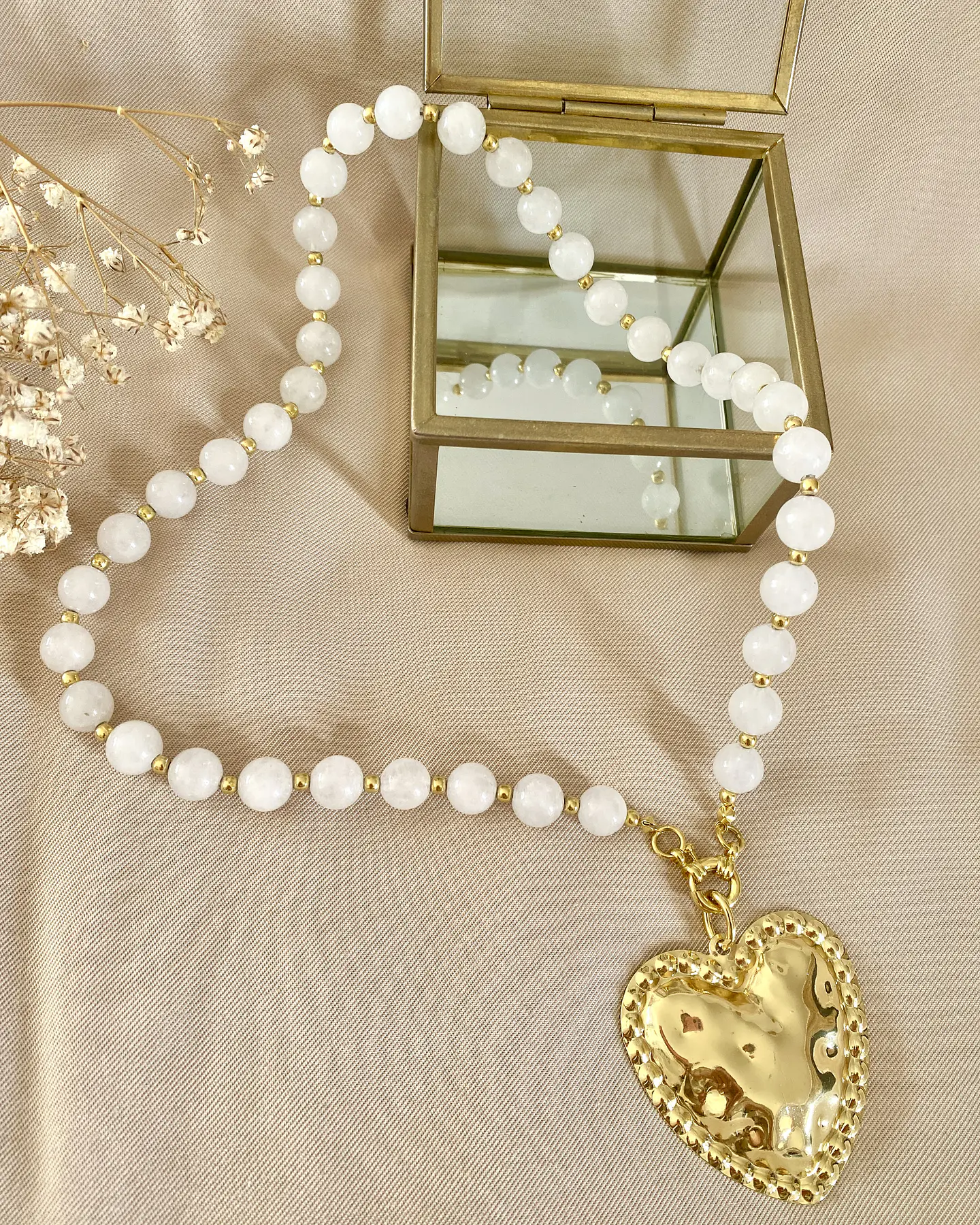 Collar Maxi Corazón Martillado Cuarzo Cristal Gold 9