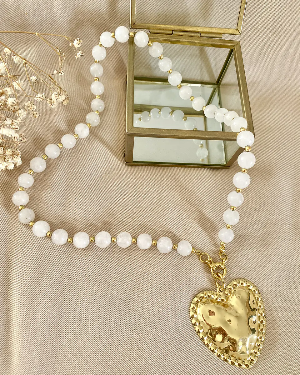 Collar Maxi Corazón Martillado Cuarzo Cristal Gold 9