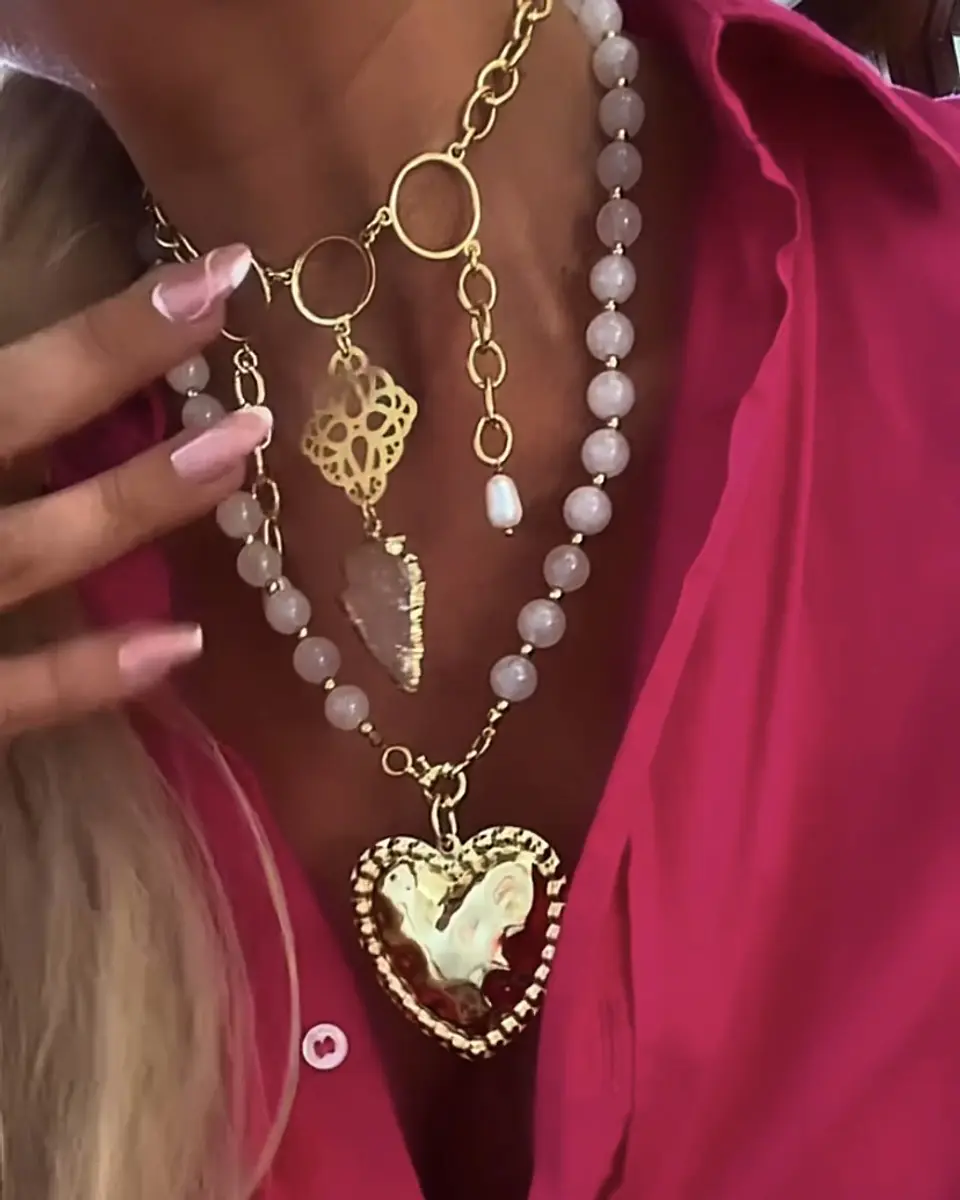 Collar Maxi Corazón Martillado Cuarzo Cristal Gold 5
