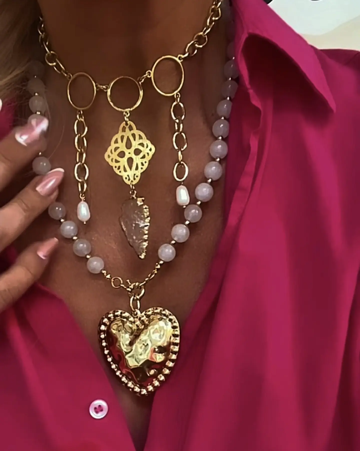 Collar Maxi Corazón Martillado Cuarzo Cristal Gold 1