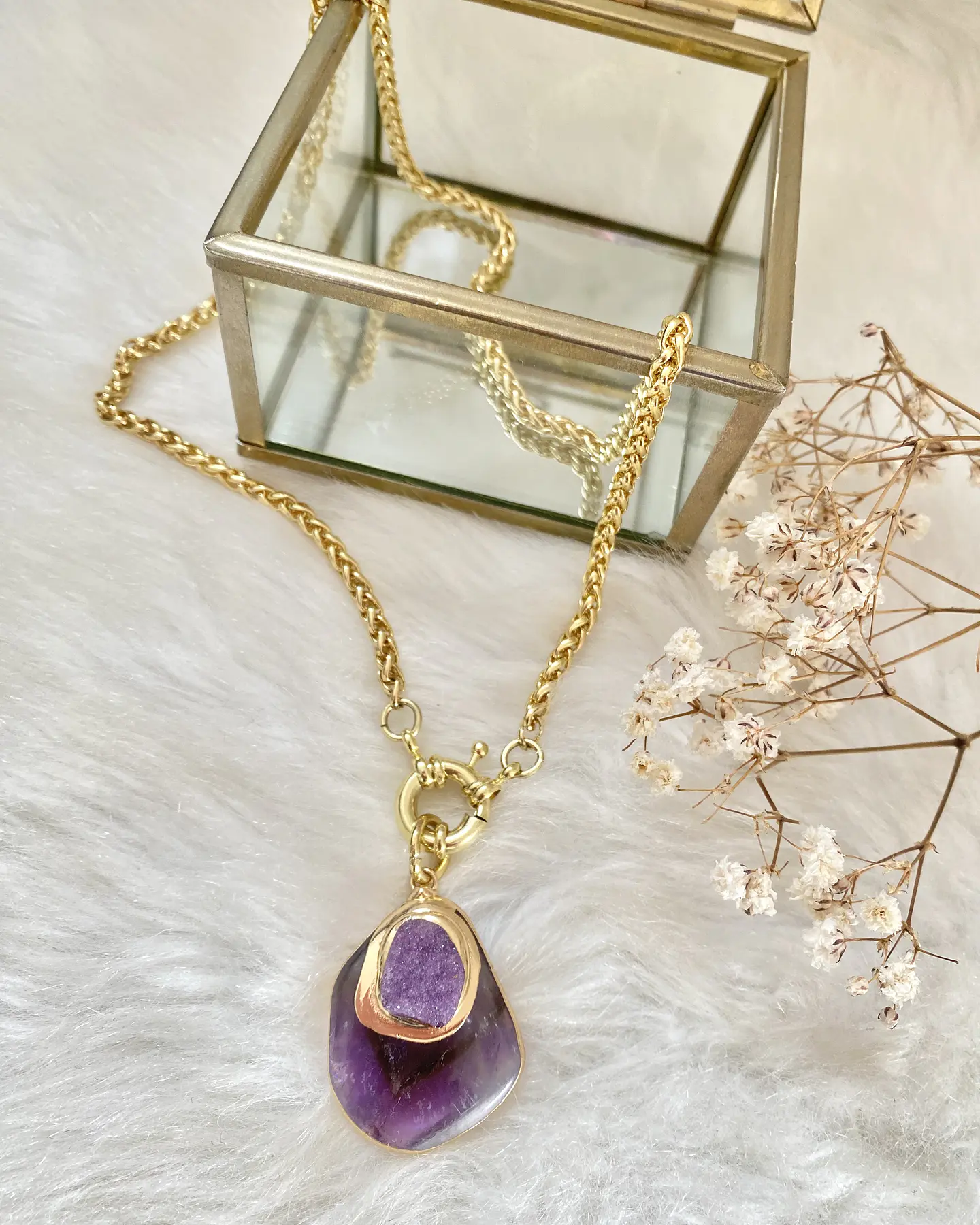 Collar Colgante Amatista y Drusa eslabones trigo gold   1