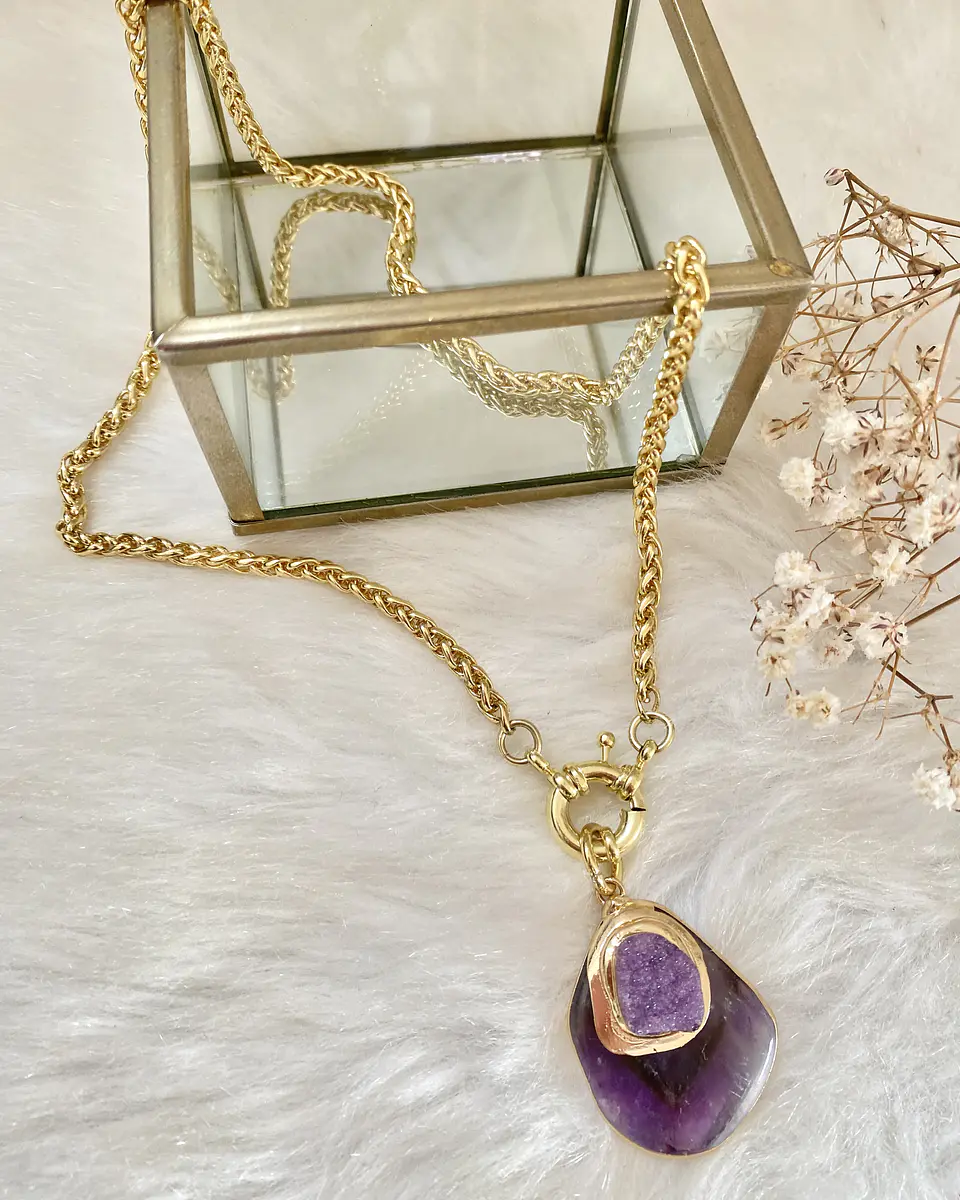 Collar Colgante Amatista y Drusa eslabones trigo gold   5